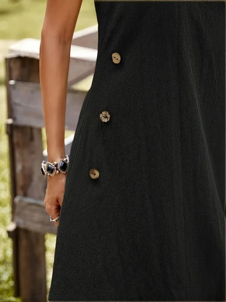 Kadın Askılı Yuvarlak Yaka Düğmeli Asimetrik Kesim Detaylı Ithal Keten Elbise - Resim 4