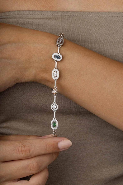 Gümüş Pazarım Beyaz Altın Kaplama Sıralı Renkli Taş Kadın Çelik Bileklik