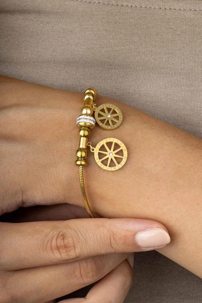 Gümüş Pazarım Zodyak Çemberi Figürlü Altın Kaplama Çelik Kadın Charm Bileklik - Resim 2