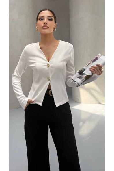 MY DEPO Kadın V Yaka Düğmeli Hırka Bluz - 2