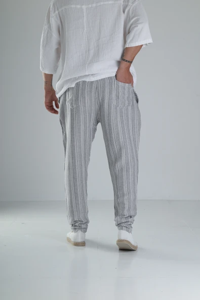 Gri Çizgili Müslin Keten Baggy Pantolon - 4