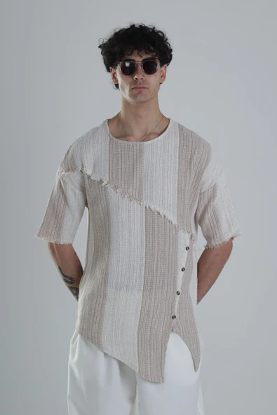Asimetrik Tasarım Bej T-Shirt - 1