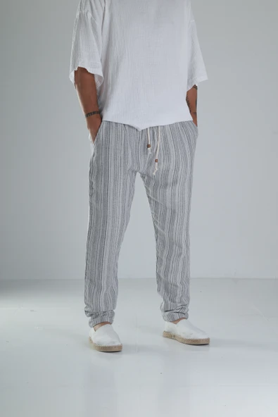 Gri Çizgili Müslin Keten Baggy Pantolon - 1