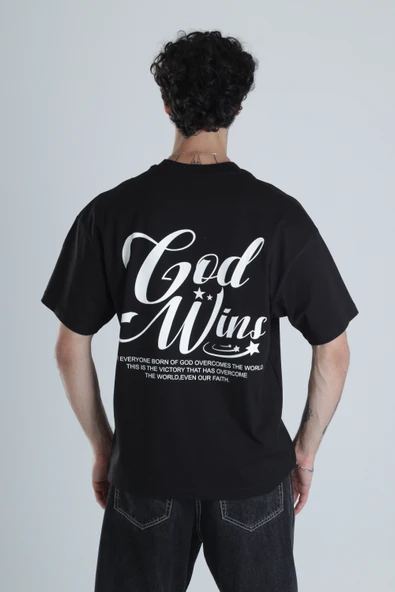 God Wins Siyah Oversize Tasarım T-Shirt - 4