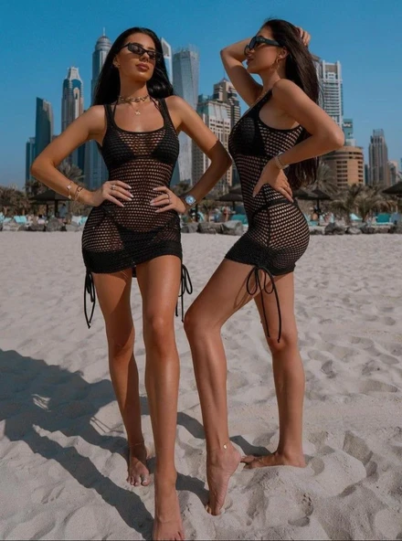 Kadınaskılı Eteği Büzgü Bağlama Detay Delikli örme Triko Pareo Elbise ürün görseli