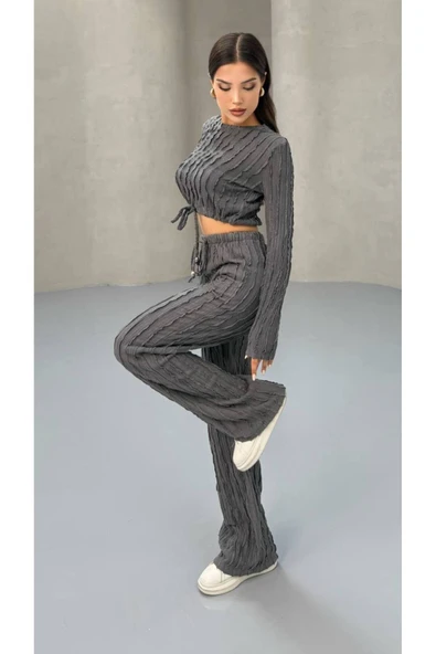 MY DEPO Kadın Bel Bağcıklı Crop Pantolon Takım - 3