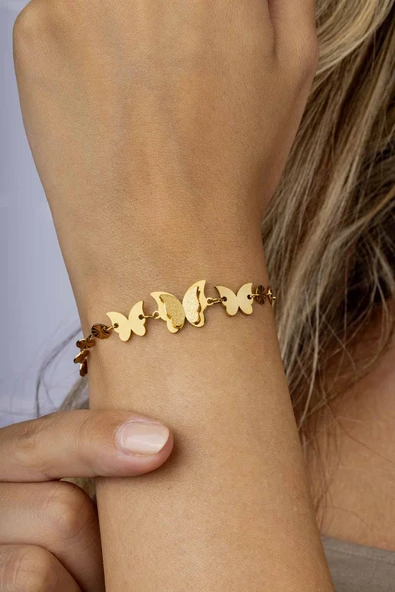 Gümüş Pazarım Altın Kaplama Kelebek Kadın Çelik Bileklik - Resim 2