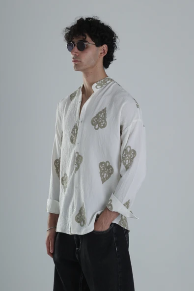 Yeşil Nakış Detaylı Oversize Gömlek - 3