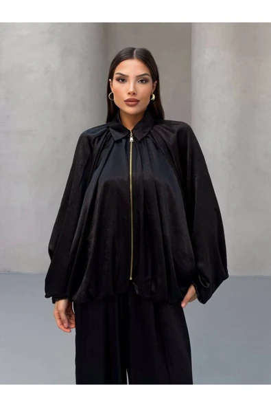 MY DEPO Kırışık Saten Oversize Takım – Fermuarlı Bluz & Balo Paça Pantolon - 4