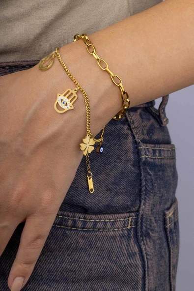 Gümüş Pazarım Fatma Ana Eli Figürlü Çift Zincirli Altın Kaplama Kadın Charm Bileklik