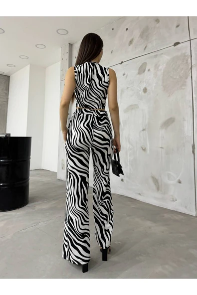 MY DEPO Kadın Zebra Desenli Yelekli Takım - 4