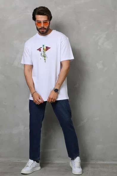 Unisex Bisiklet Yaka Baskılı Oversize T-Shirt - Beyaz - Resim 4