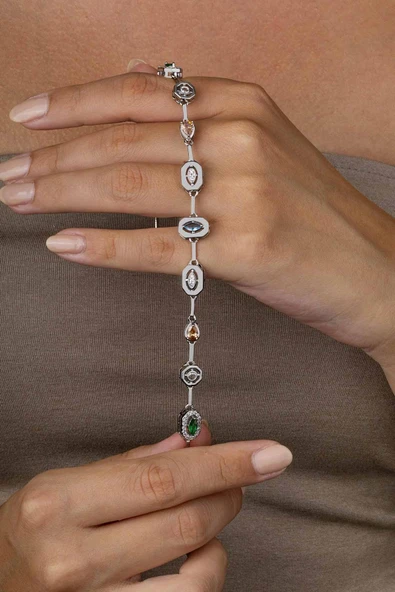 Gümüş Pazarım Beyaz Altın Kaplama Sıralı Renkli Taş Kadın Çelik Bileklik - 2