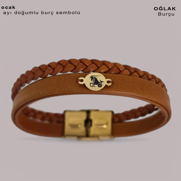 Burca Özel Yuvarlak Motifli Doğal Kahverengi Derili 14 Ayar Altın Plakalı Hediye Bileklik-401 - Resim 2