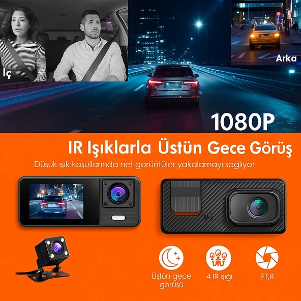 3 Kanallı WiFi Destekli Araç İçi Kamera  Ön 1080P, İç ve Arka 720P, Gece Görüşlü, Geniş Açılı, Park Monitörü - 2