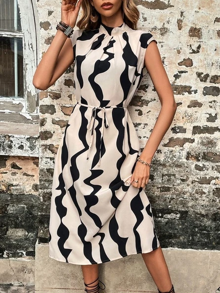 Kadın Balıkçı Yaka Arkadan Bağlamalı Kuşaklı Midi Boy Jessica Elbise - Resim 10