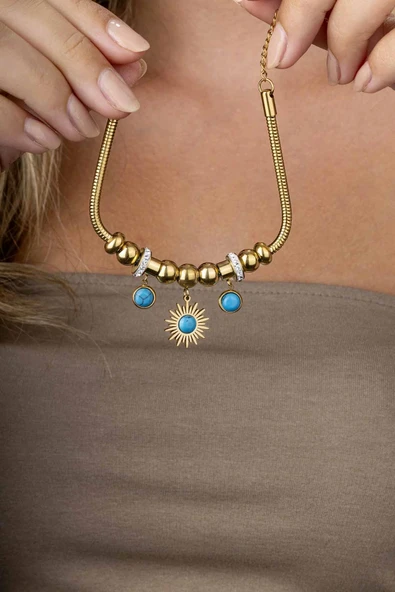 Gümüş Pazarım Firuze Taşlı Altın Kaplama Güneş Figürlü Kadın Charm Bileklik - Resim 2