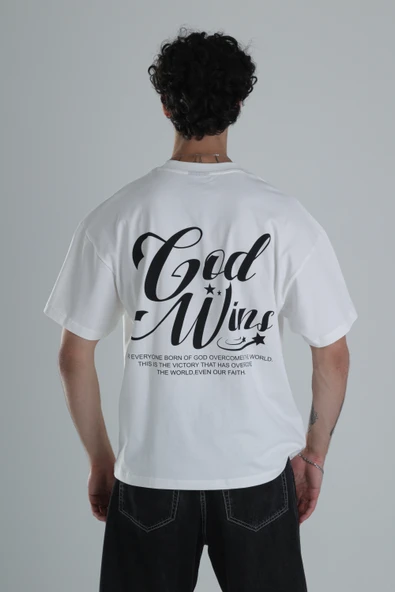 God Wins Beyaz Oversize Tasarım T-Shirt - 4
