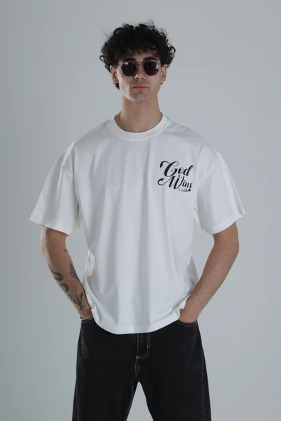 God Wins Beyaz Oversize Tasarım T-Shirt - 1