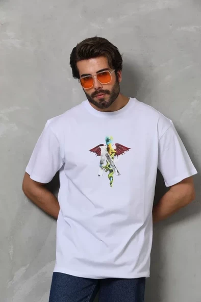 Unisex Bisiklet Yaka Baskılı Oversize T-Shirt - Beyaz ürün görseli