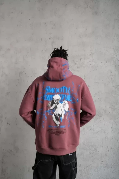 Erkek Yıldırım Baskılı Kapşonlu Sweat - Gül Kurusu - Resim 2