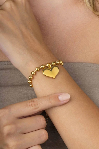 Gümüş Pazarım Top Zincirli Kalp Figürlü Altın Kaplama Çelik Kadın Bileklik - Resim 2