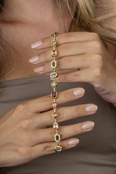 Gümüş Pazarım Altın Kaplama Sıralı Renkli Taş Kadın Çelik Bileklik - 3