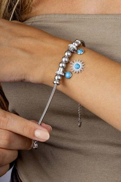 Gümüş Pazarım Firuze Taşlı Beyaz Altın Kaplama Güneş Figürlü Kadın Charm Bileklik - Resim 2