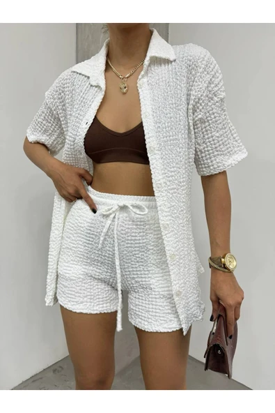 MY DEPO Gofre Kumaş Gömlek Şort İkili Takım - 2