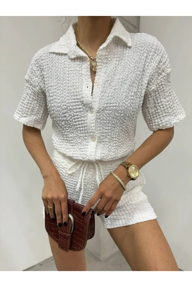 MY DEPO Gofre Kumaş Gömlek Şort İkili Takım - 4