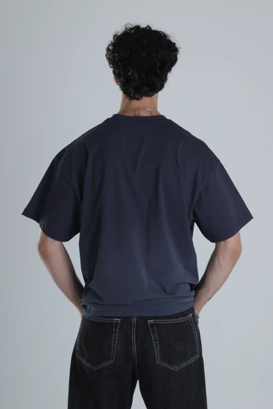 Lacivert Yıldız Detaylı Tasarım Oversize T-Shirt - 4