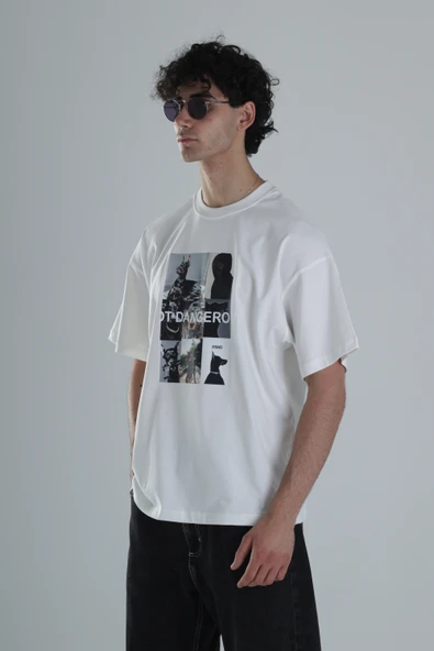 Not Dangerous Beyaz Oversize Tasarım T-Shirt - 3