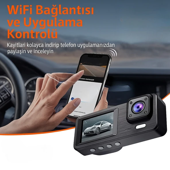 3 Kanallı WiFi Destekli Araç İçi Kamera  Ön 1080P, İç ve Arka 720P, Gece Görüşlü, Geniş Açılı, Park Monitörü - 4