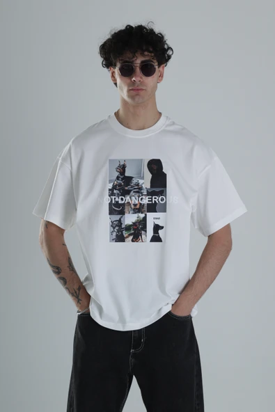 Not Dangerous Beyaz Oversize Tasarım T-Shirt - 1