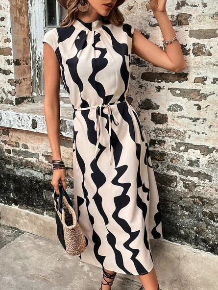 Kadın Balıkçı Yaka Arkadan Bağlamalı Kuşaklı Midi Boy Jessica Elbise - Resim 8