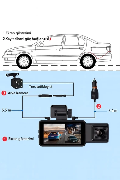 3 Kameralı Full HD Araç İçi Kayıt Cihazı  Ön, İç ve Arka Kamera, Gece Görüşü, 170 DERECE Geniş Açı, Park Monitörü - 6
