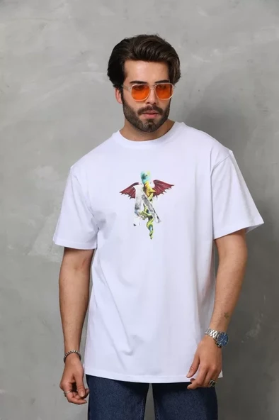 Unisex Bisiklet Yaka Baskılı Oversize T-Shirt - Beyaz - Resim 3