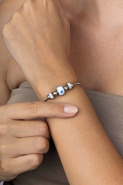 Gümüş Pazarım Beyaz Altın Kaplama Göz Figürlü Çelik Kadın Bileklik - Resim 3