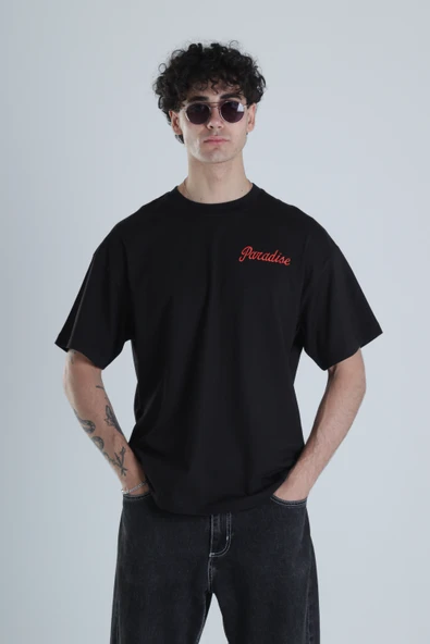 Paradise Siyah Oversize Tasarım T-Shirt - 1