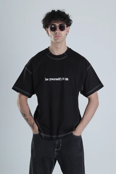Be Yourself Siyah Oversize Tasarım T-Shirt - 1