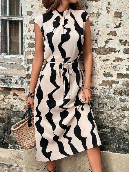 Kadın Balıkçı Yaka Arkadan Bağlamalı Kuşaklı Midi Boy Jessica Elbise - Resim 9