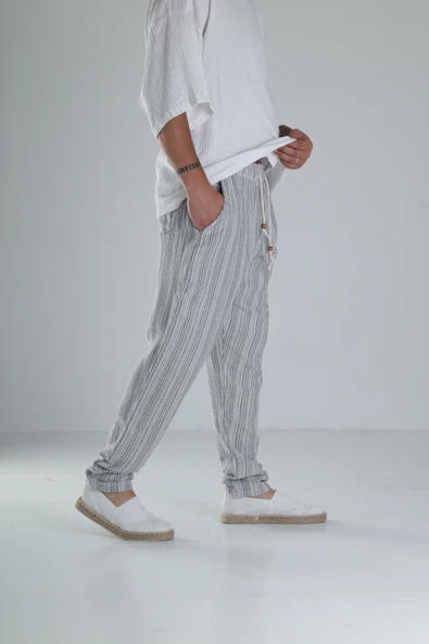 Gri Çizgili Müslin Keten Baggy Pantolon - 2