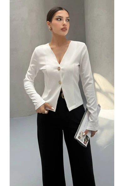 MY DEPO Kadın V Yaka Düğmeli Hırka Bluz