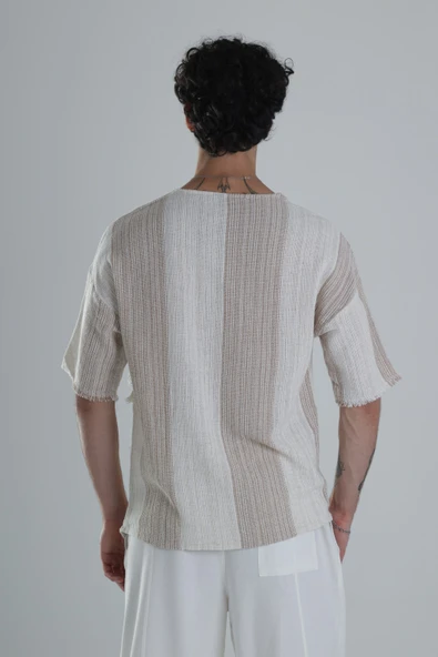 Asimetrik Tasarım Bej T-Shirt - 3