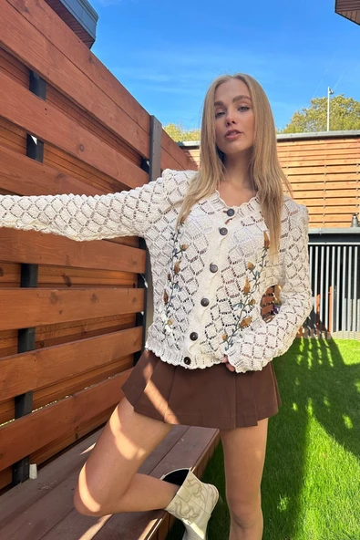 MY DEPO Kadın Nakış İşlemeli Düğme Detay Ajurlu Triko Hırka - Resim 2