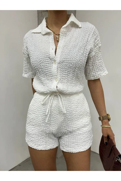 MY DEPO Gofre Kumaş Gömlek Şort İkili Takım