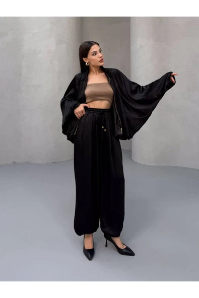 MY DEPO Kırışık Saten Oversize Takım – Fermuarlı Bluz & Balo Paça Pantolon - 3