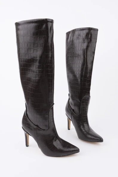 Muggo CLARİSSA Sivri Burun Kroko Desenli İnce Topuklu Kadın Çizme - 4