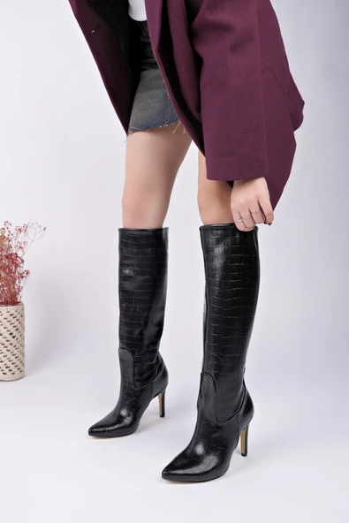 Muggo CLARİSSA Sivri Burun Kroko Desenli İnce Topuklu Kadın Çizme - 7