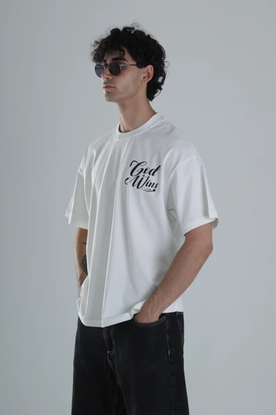 God Wins Beyaz Oversize Tasarım T-Shirt - 3